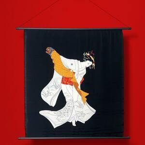 Vintage Japanese Furoshiki Dancing Geisha Dragon Tapestry Scroll Textile Art
